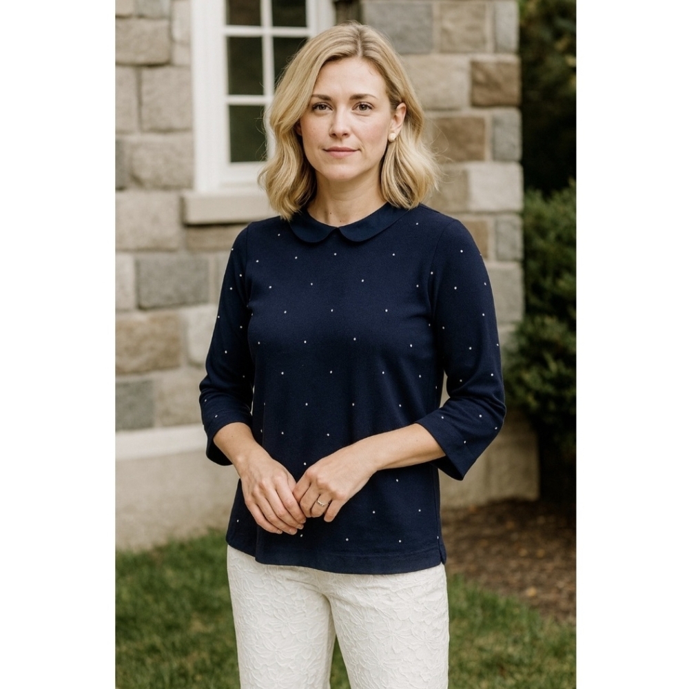 J.Crew Navy Faux Collar on Navy Jersey cotton Sweatshirt Polka Dots Size S